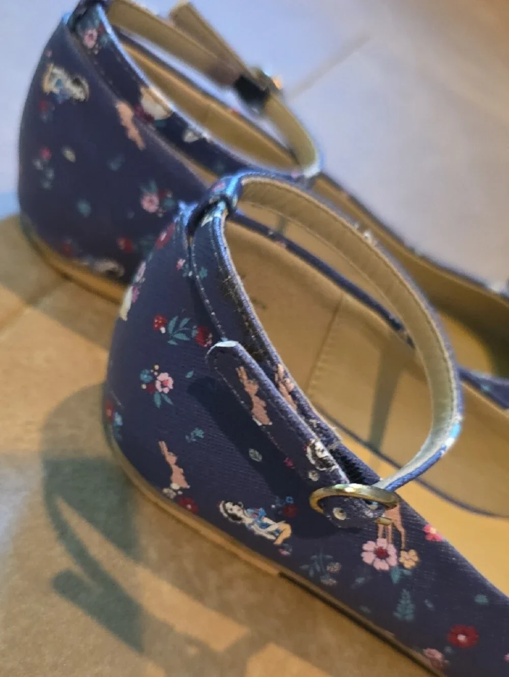 Disney Janie And Jack Girl's Navy Floral Bow Ankle-Strap Flats. Size 13